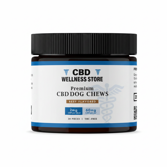 Beef CBD Dog Chews Jar with a white background