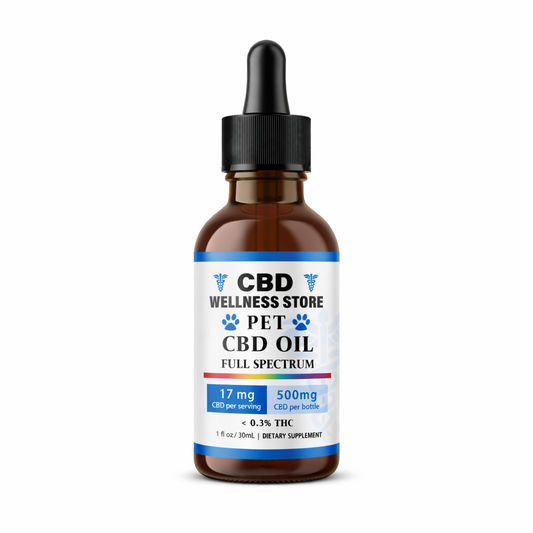 500mg Pet CBD oil bottle with label on a white background