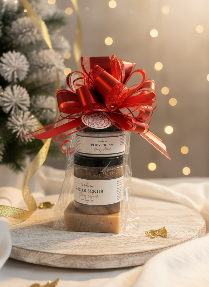 Stack of Cherry Almond skincare products with a red bow in front of a Christmas tree.