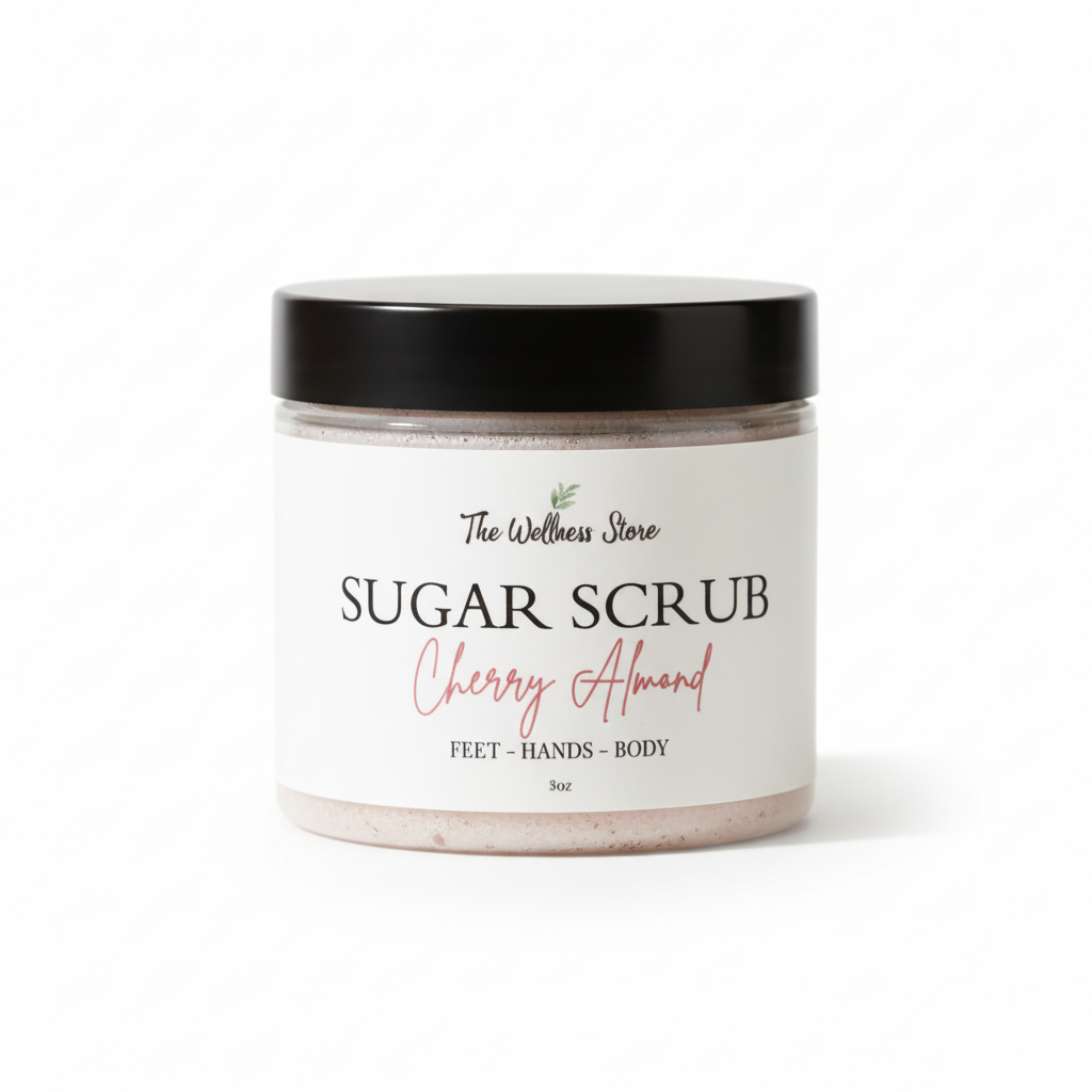 The Wellness Store Cherry Almond Sugar Scrub - natural exfoliating body scrub with sweet cherry and almond