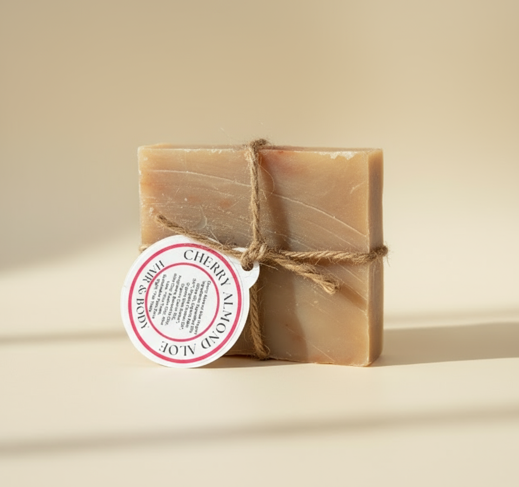 Cherry Almond Vegan Soap - Cream Background Natural Lighting