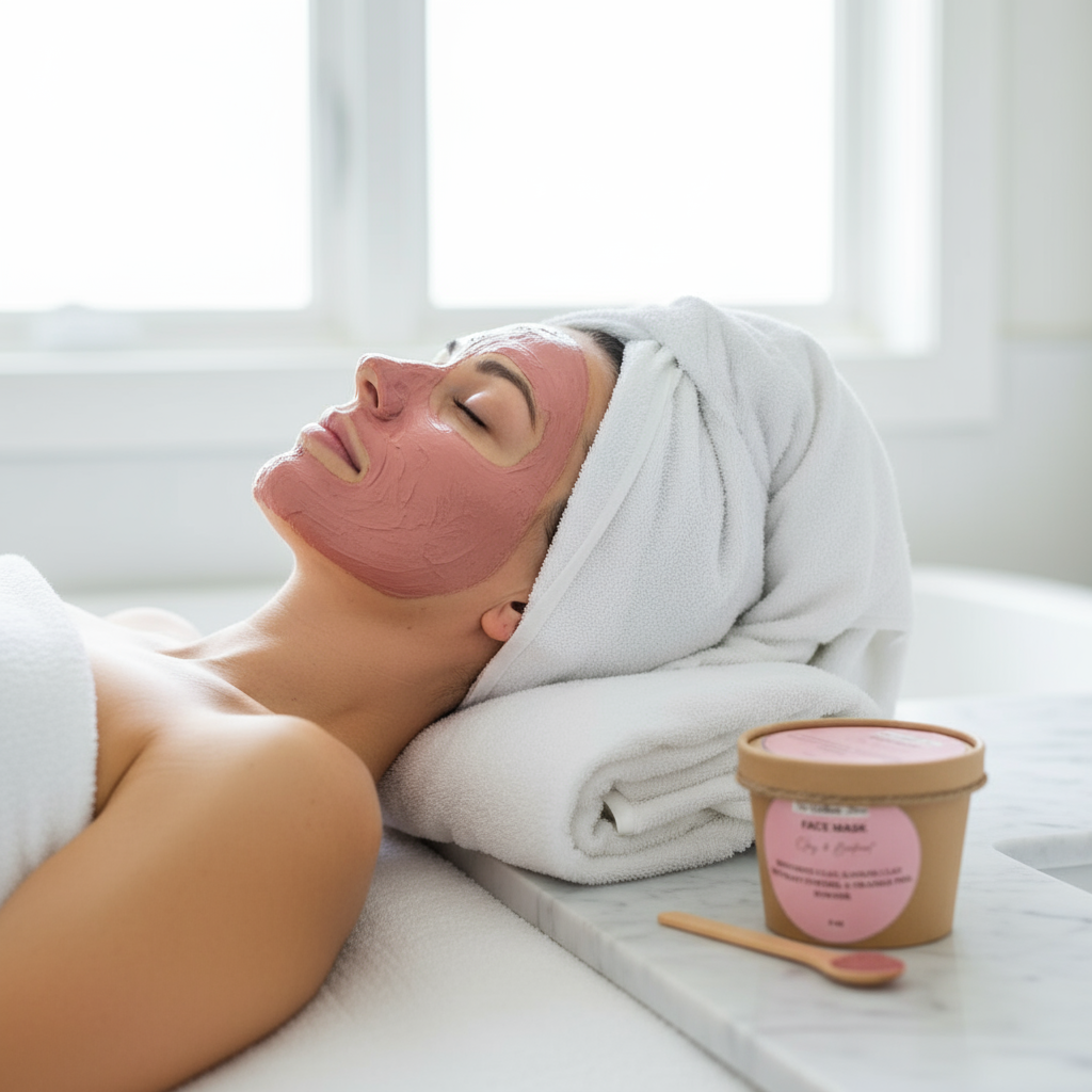 Clay & Beetroot Mineral Mask applied to a woman in a spa setting