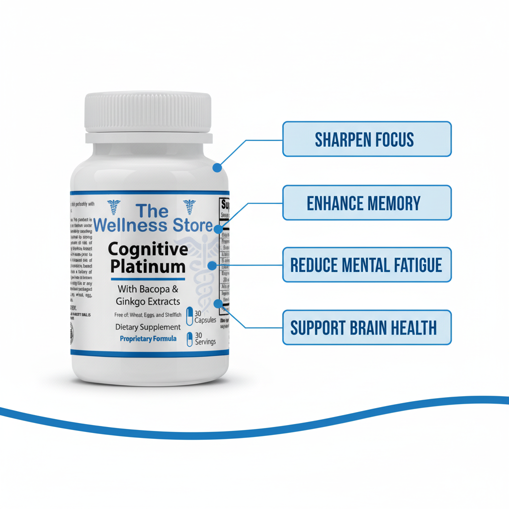 The Wellness Store Cognitive Platinum supplement displaying key benefits: sharpen focus, enhance memory, reduce mental fatigue, and support brain health