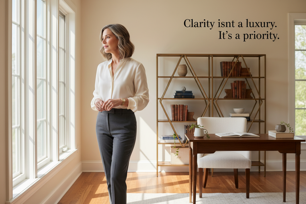 Poised elegant woman in sunlit sophisticated home office looking sharply focused with text "Clarity isn't a luxury. It's a priority." — Cognitive Platinum Advanced Multivitamin with Nootropic Formula by The Wellness Store