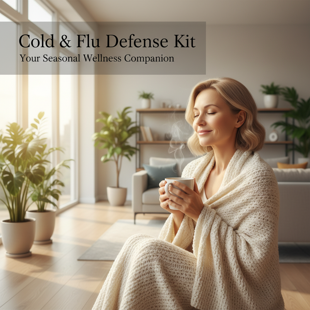 Immune support supplements bundle - woman staying healthy during cold and flu season with Vitamin C, Zinc, and Breathe Easy Complex