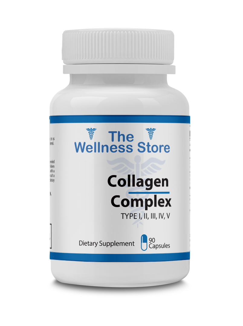 Collagen Complex supplement bottle from The Wellness Store on a white background