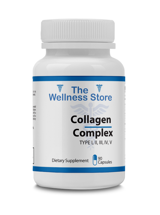Collagen Complex supplement bottle from The Wellness Store on a white background