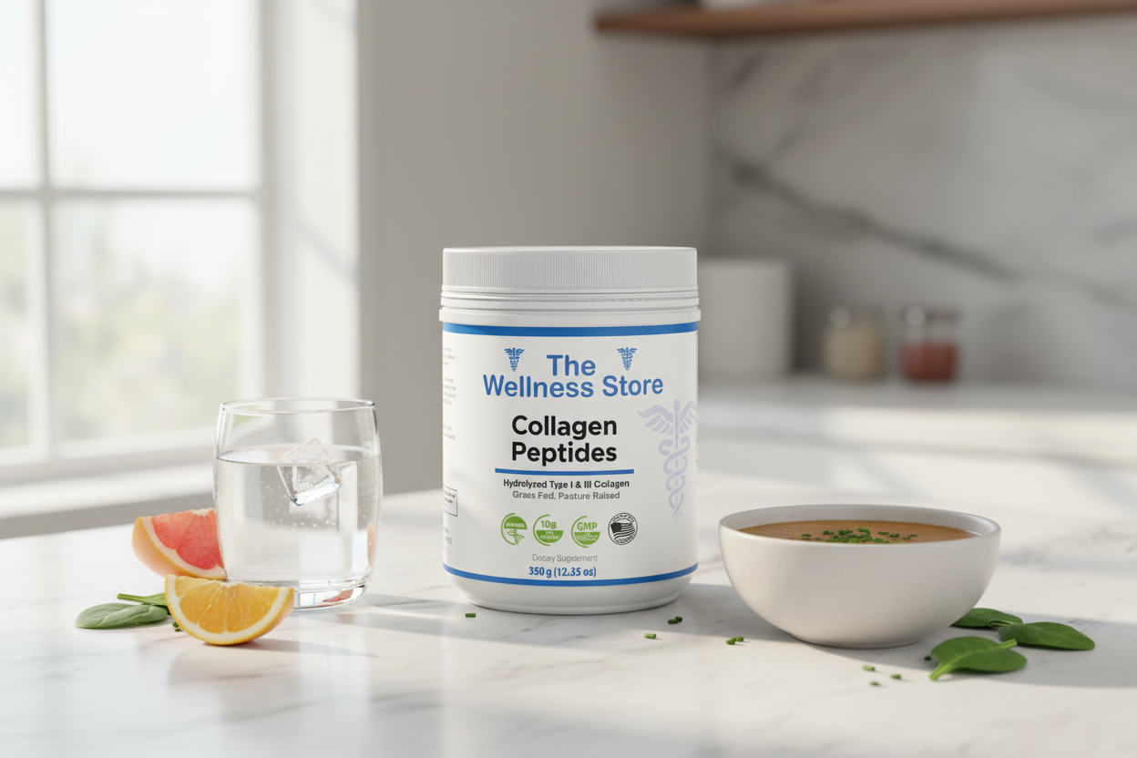 Collagen Peptides bottle sitting on a marble counter with a bowl of soup, a glass of water and fresh fruit and herbs