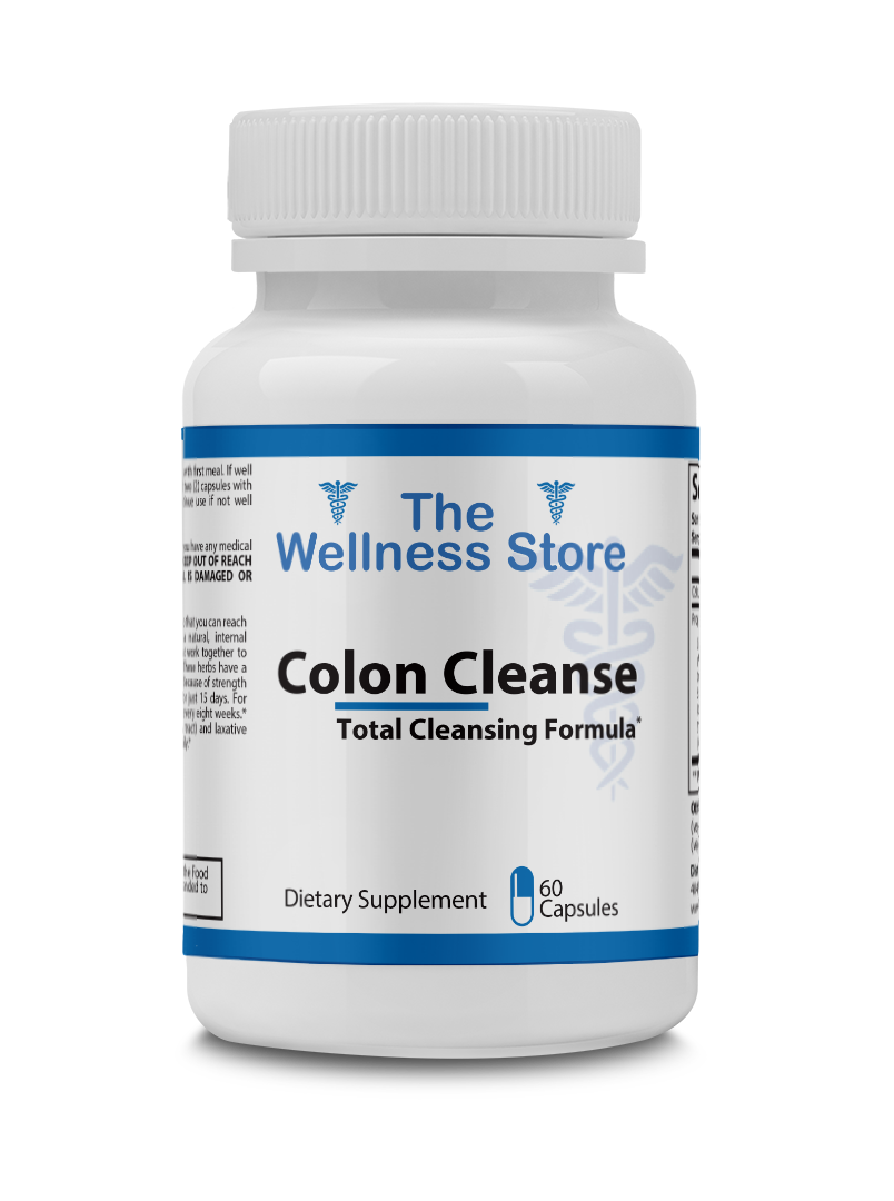 Supplement bottle labeled 'The Wellness Store Colon Cleanse' on a white background