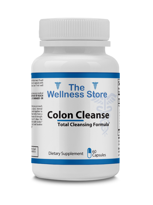 Supplement bottle labeled 'The Wellness Store Colon Cleanse' on a white background