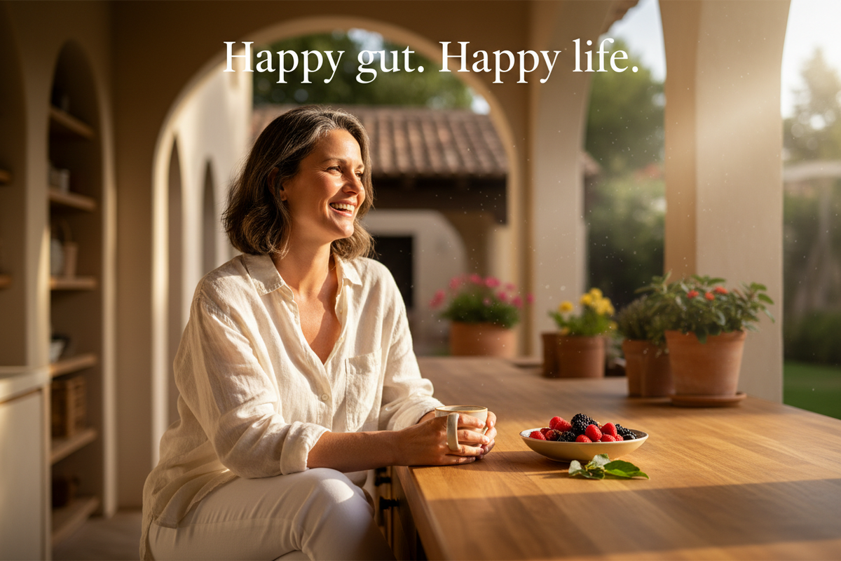 Radiant woman in sunny setting with text "Happy gut. Happy life." — Complete Gut Health Bundle Probiotics & Digestive Enzymes by The Wellness Store