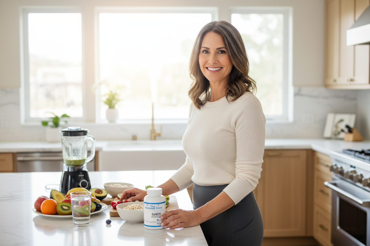 Active healthy adult over 40 with energy and vitality from CoQ10 supplement for heart health