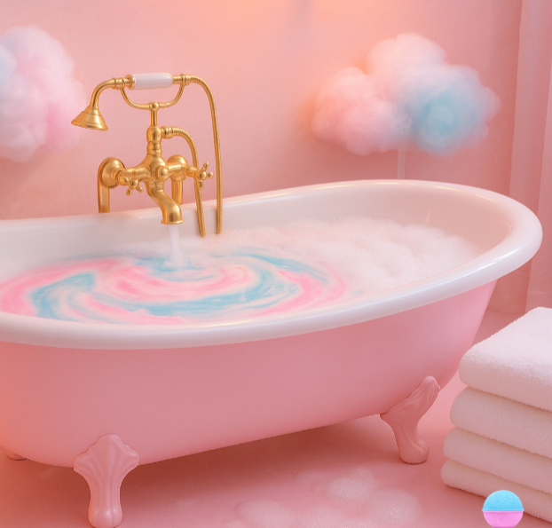 Whimsical cotton candy themed bathroom with pastel pink and blue colors, luxurious bathtub with colorful bubbly water, soft lighting creating a magical and playful spa atmosphere