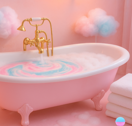 Whimsical cotton candy themed bathroom with pastel pink and blue colors, luxurious bathtub with colorful bubbly water, soft lighting creating a magical and playful spa atmosphere