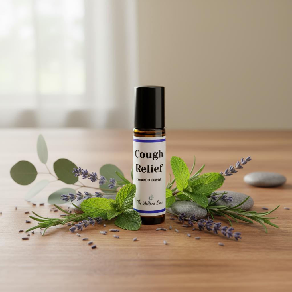 Cough Relief Rollerball on a table with lavender and stones around it
