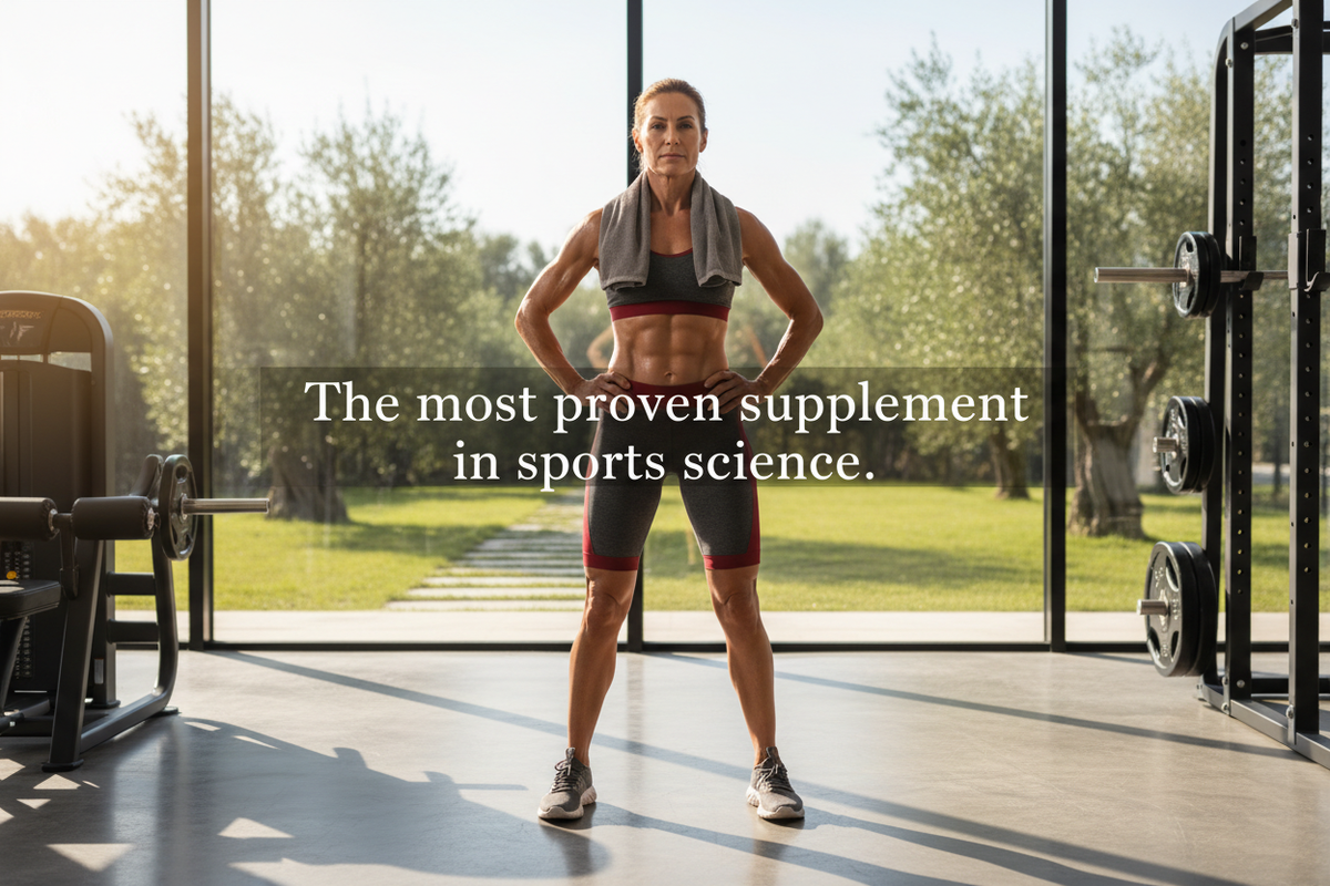 Strong, confident athlete in modern gym with text "The most proven supplement in sports science." — Creatine Monohydrate by The Wellness Store