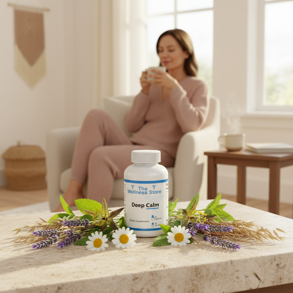 Deep Calm supplement on a stone tab le with flowers and a blurred image of a woman sipping tea in the background showing Stress Support & Relaxation Lifestyle