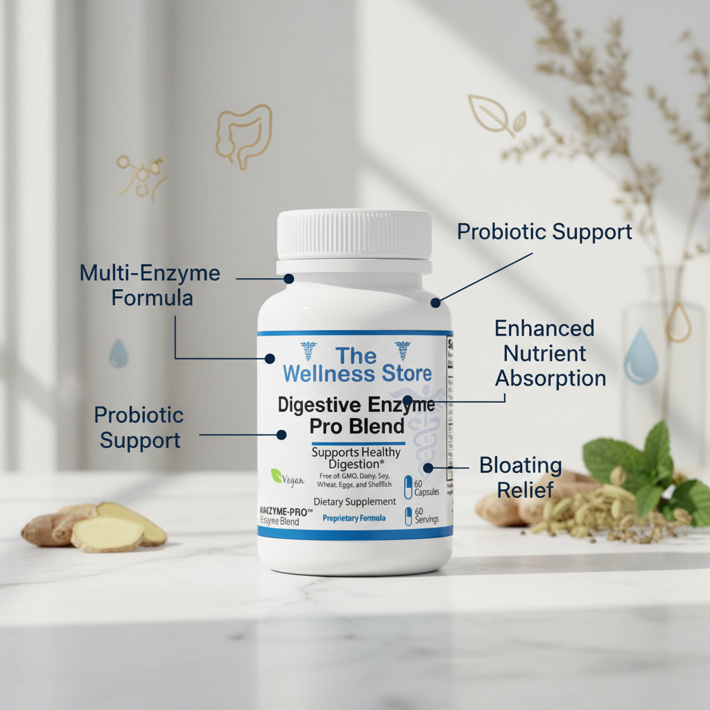 Digestive Enzymes multi-enzyme probiotic formula showing nutrient absorption and bloating relief benefits