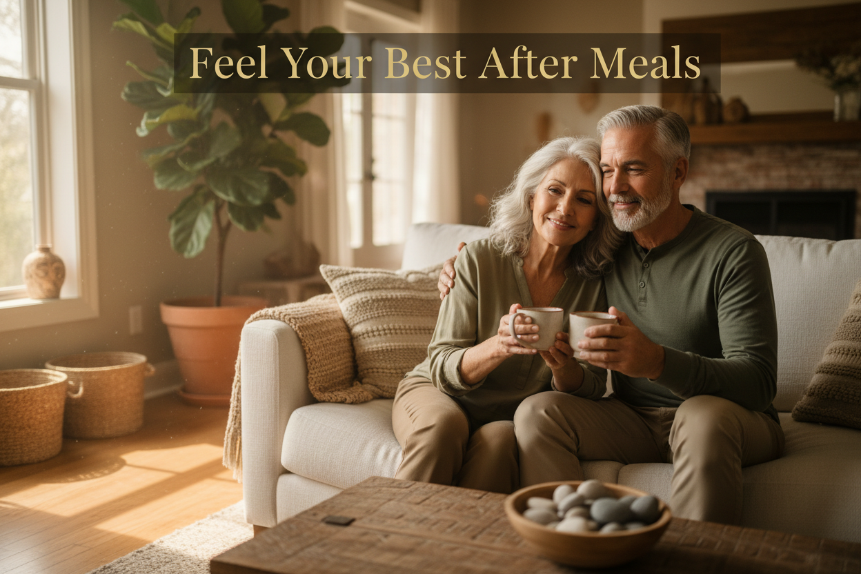 Senior couple relaxed after meal showing digestive comfort and post-meal wellness for older adults