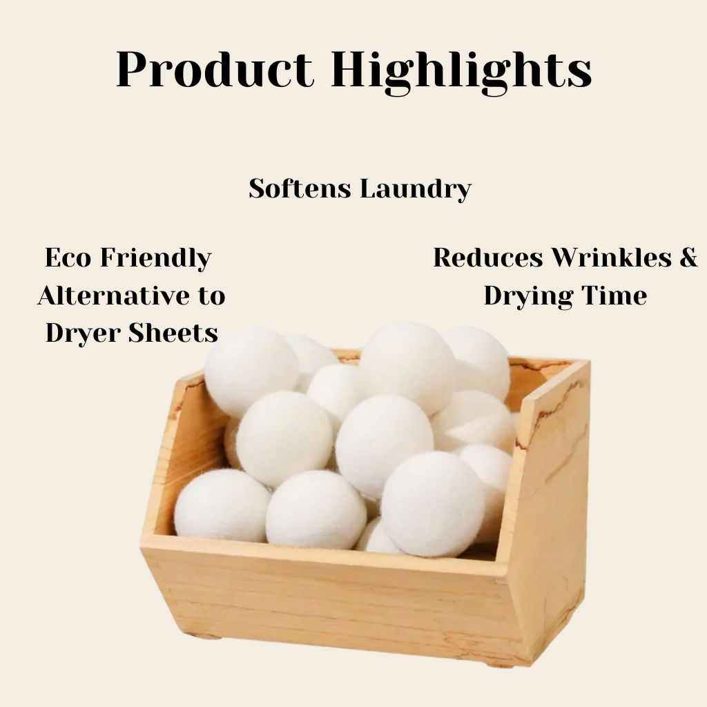 Wooden basket with white dryer balls and product highlights on a beige background
