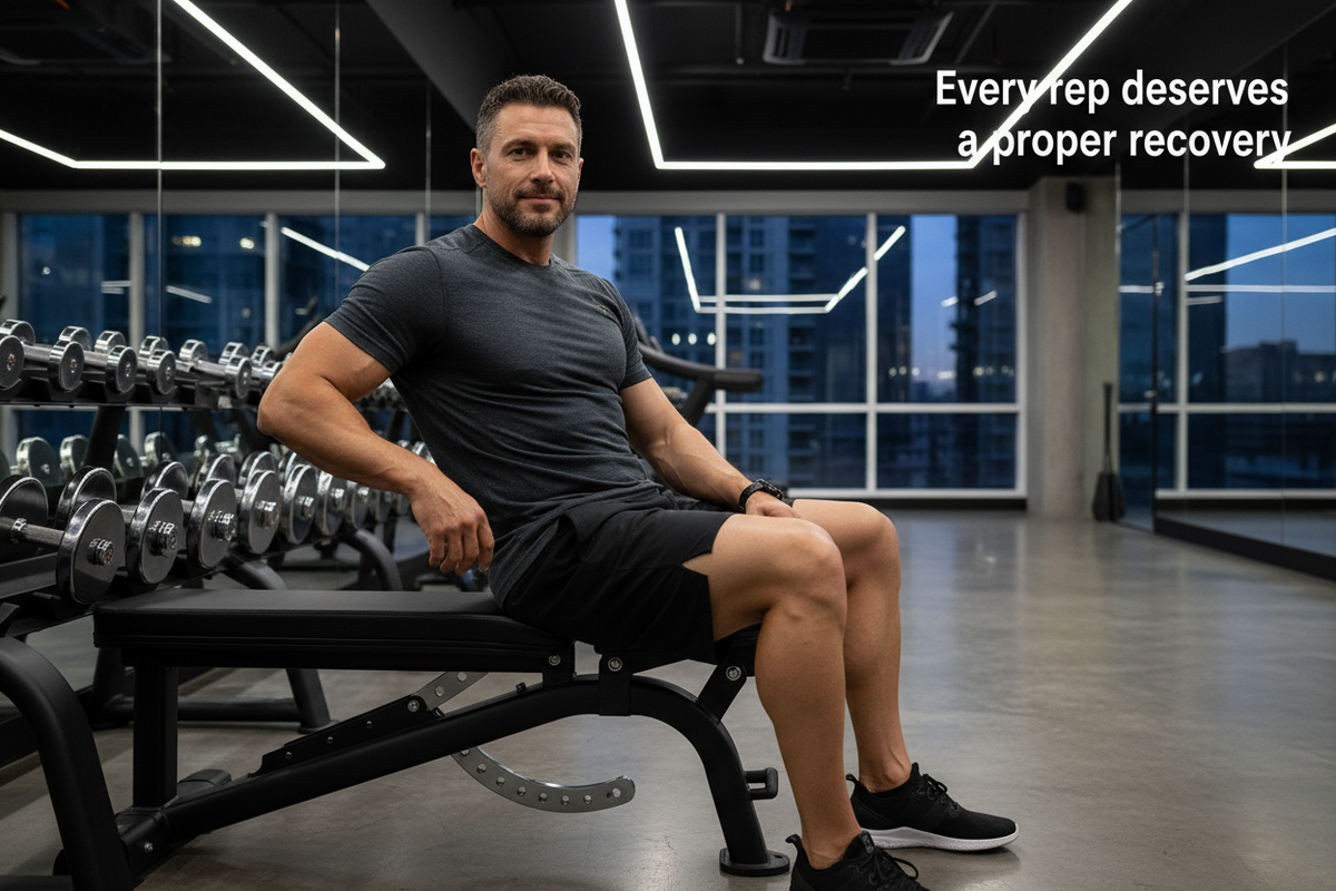 Strong athletic man post-workout in modern gym with text "Every rep deserves a proper recovery." — EAA+BCAA Essential Amino Acids & Electrolyte Hydration by The Wellness Store