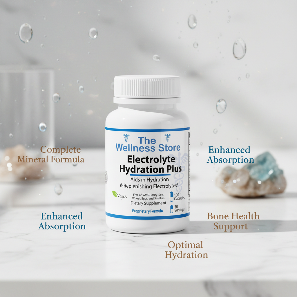 Electrolyte Hydration Plus complete mineral formula showing enhanced absorption and bone health hydration benefits