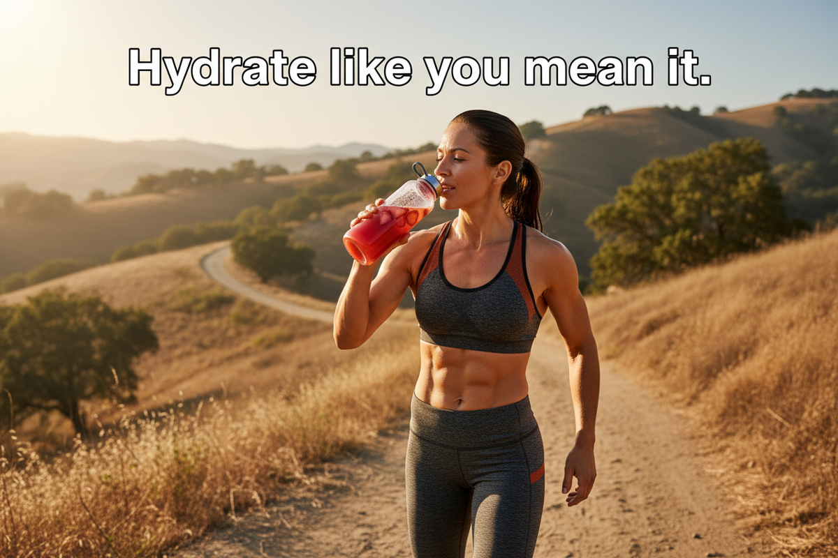 Athlete post-workout reaching for strawberry electrolyte drink with text "Hydrate like you mean it." — Electrolyte Hydration Powder Strawberry by The Wellness Store