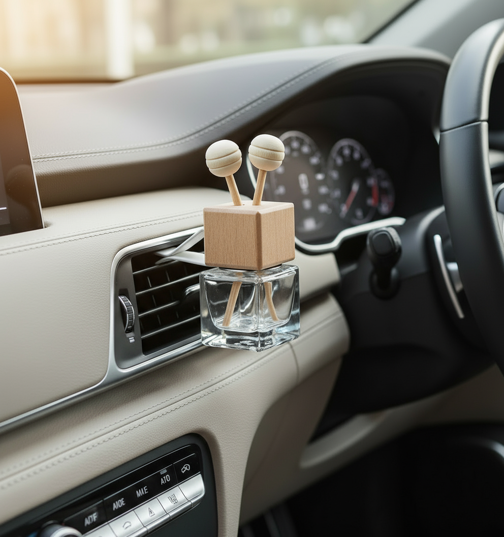 Car air freshener with wooden design on a car dashboard