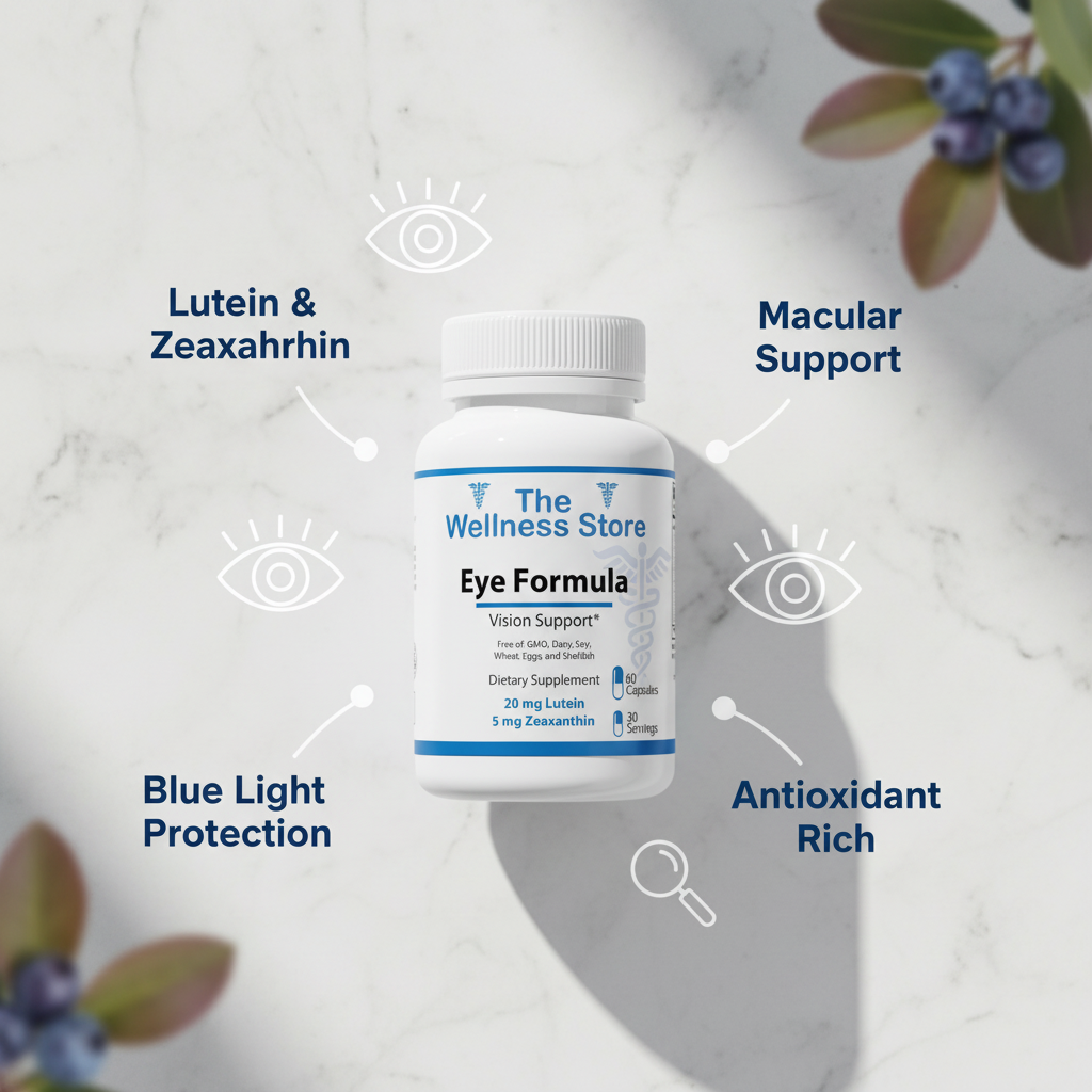 Eye Formula vision support supplement with lutein zeaxanthin showing macular health and blue light protection benefits