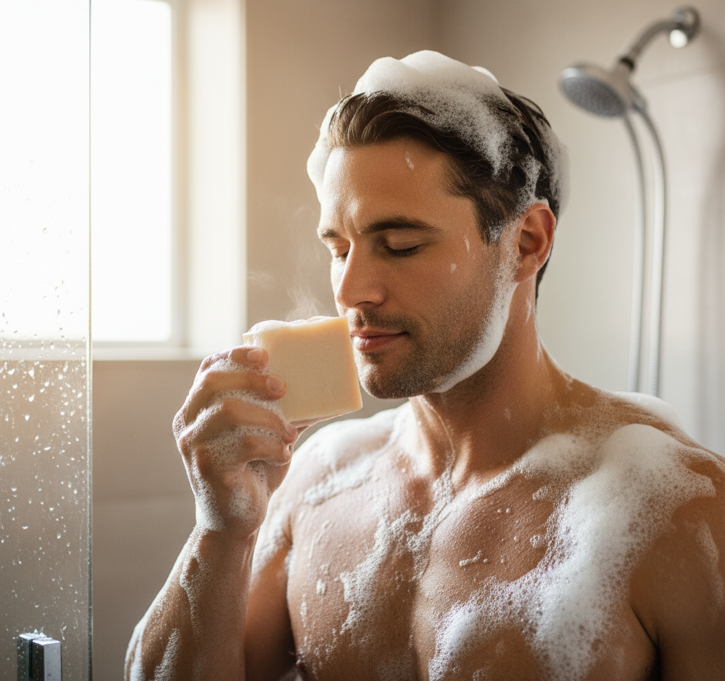 Frankincense and Myrrh Soap - Man Smelling Soap in Shower