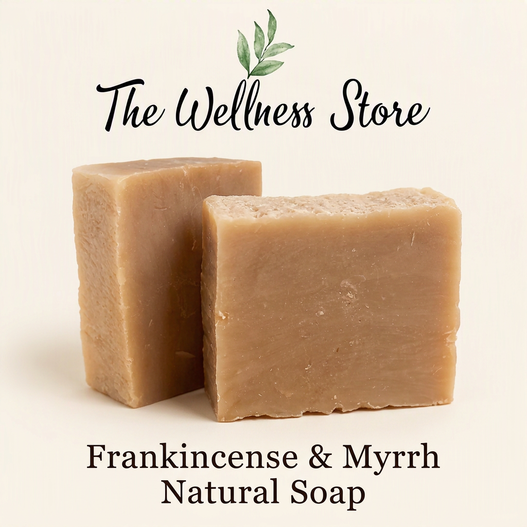 Frankincense & Myrrh Natural Soap with The Wellness Store logo