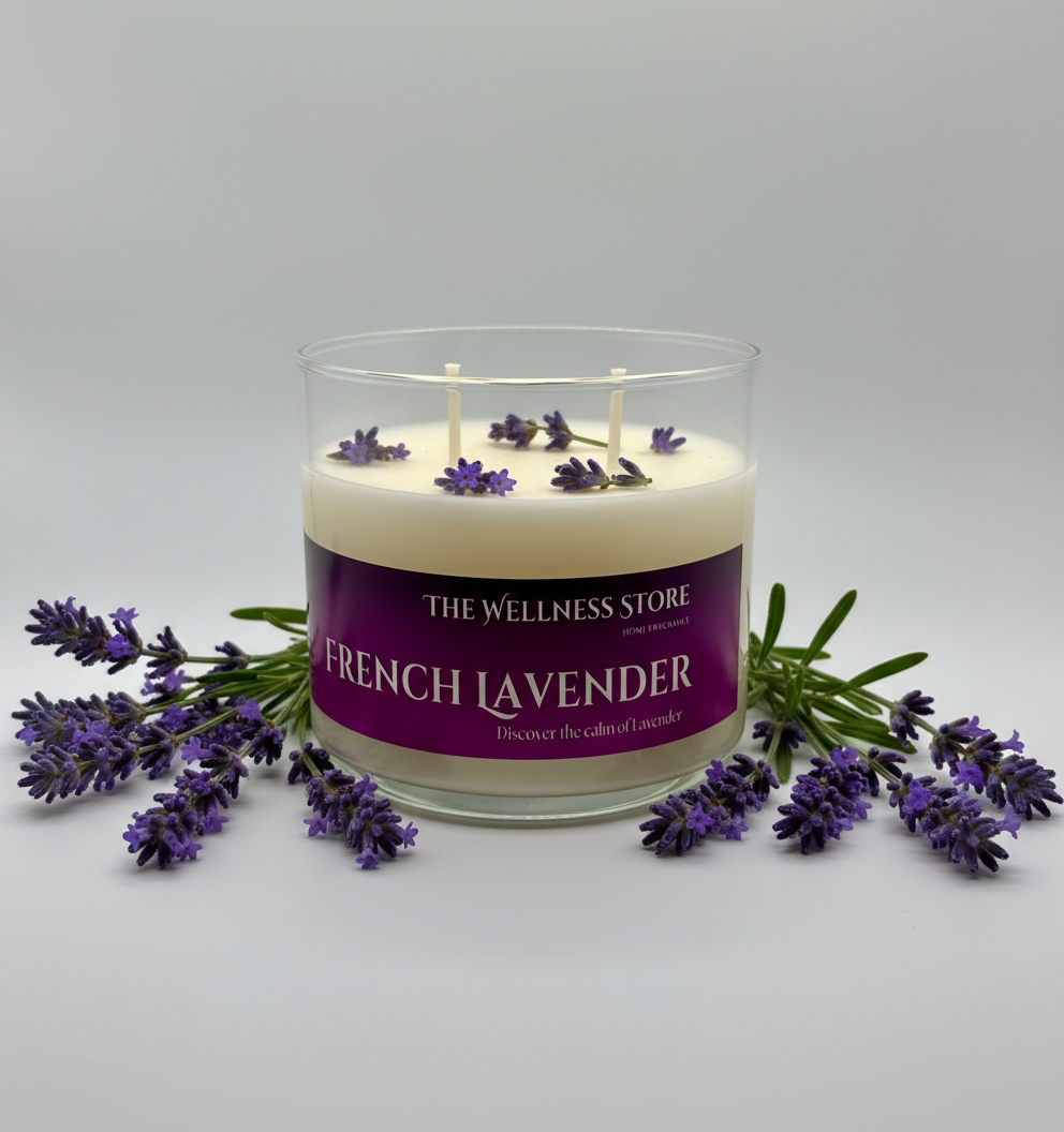 French Lavender Candle with fresh lavender sprigs