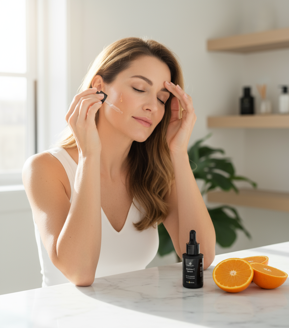 Glo Vitamin C Serum being put on a beautiful woman in the background