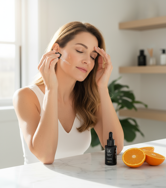 Glo Vitamin C Serum being put on a beautiful woman in the background