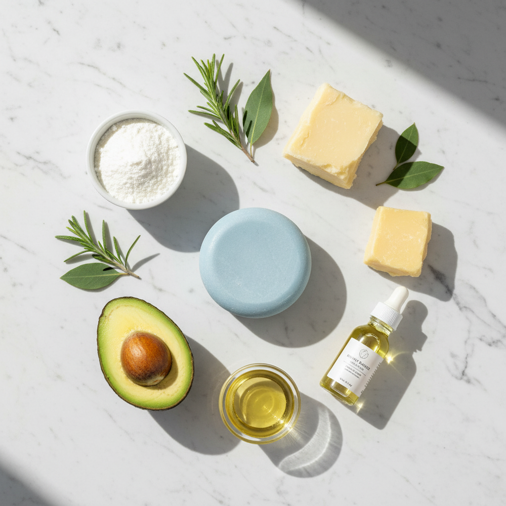 Goat Milk Conditioner Bar with natural ingredients including shea butter, coconut oil, avocado oil and goat milk powder flat lay