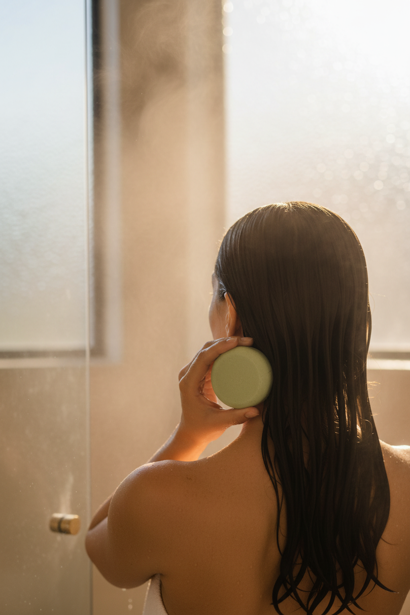 Woman applying Goat Milk Conditioner Bar to wet hair in shower, shown from behind with natural solid conditioner bar