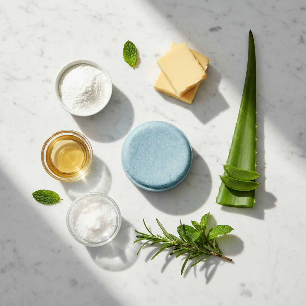 Goat Milk Shampoo Bar Rosemary Mint with natural ingredients including goat milk powder, cocoa butter, aloe vera and fresh rosemary mint flat lay
