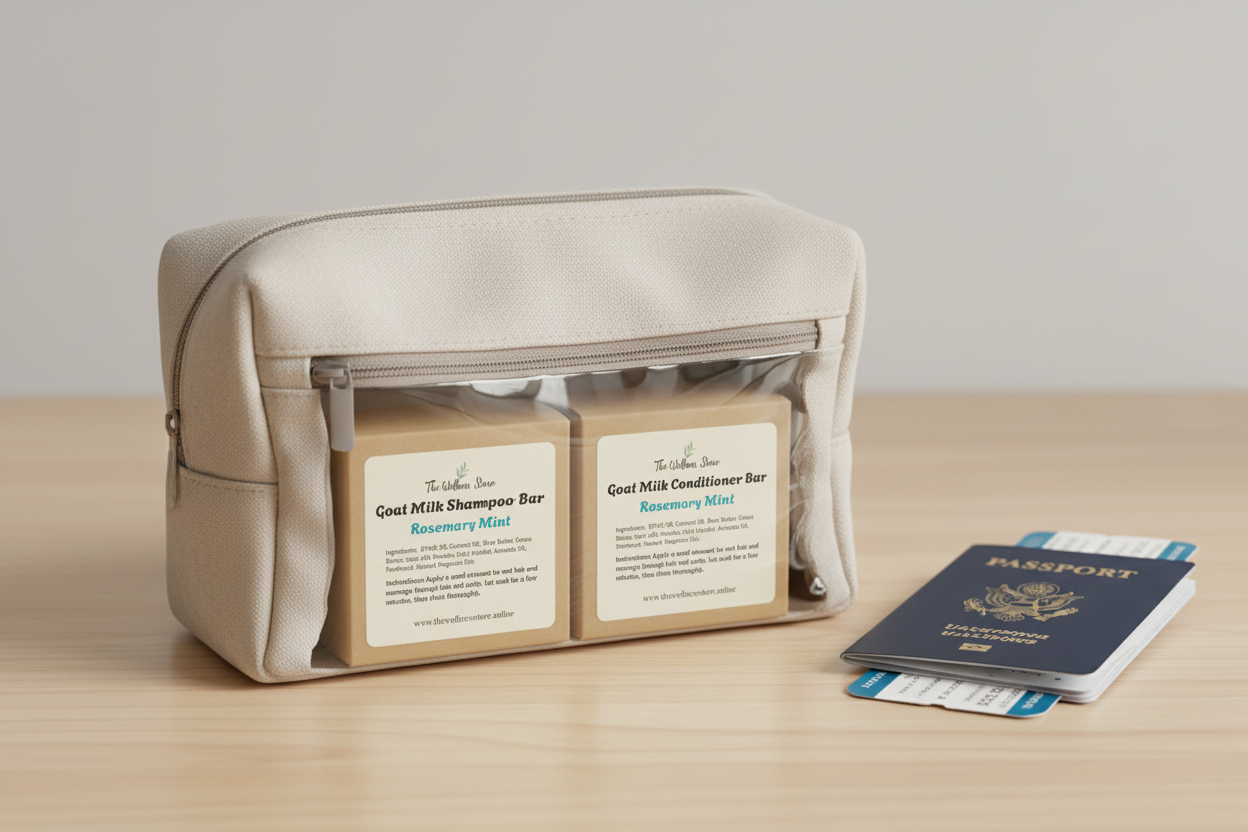 Goat Milk Shampoo Bar and Conditioner Bar in eco-friendly kraft packaging in travel toiletry bag with passport - TSA-friendly plastic-free hair care