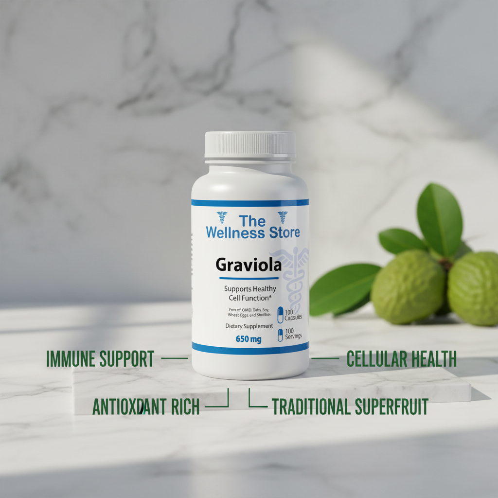 Graviola 650mg soursop leaf extract supplement bottle showing immune support and antioxidant wellness benefits