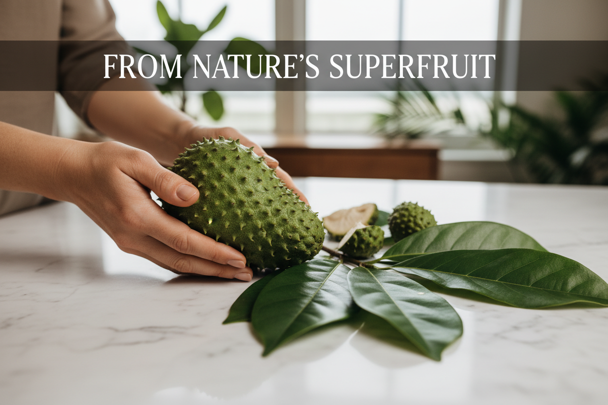 Hands holding fresh soursop graviola fruit showing natural superfruit source for immune wellness supplement