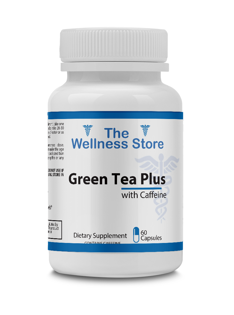Supplement bottle labeled 'Green Tea Plus with Caffeine' from 'The Wellness Store' on a white background
