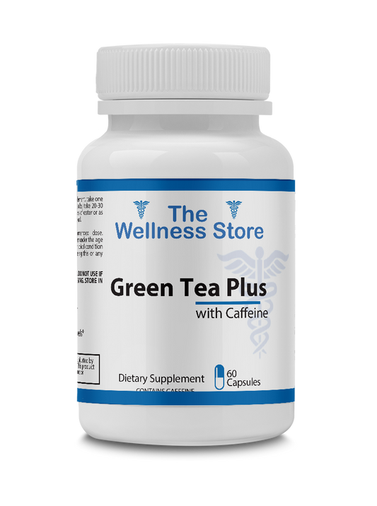 Supplement bottle labeled 'Green Tea Plus with Caffeine' from 'The Wellness Store' on a white background