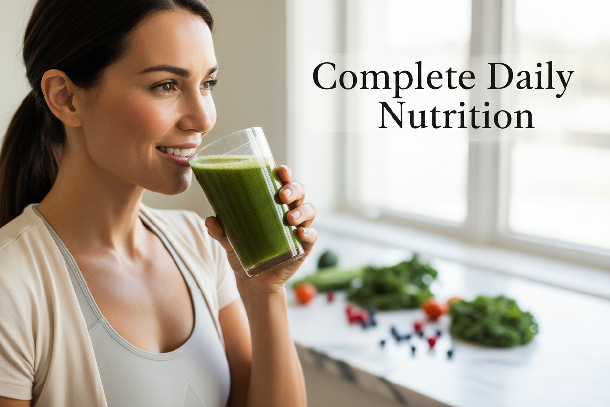 Woman drinking greens and reds superfood smoothie for complete daily nutrition and wellness