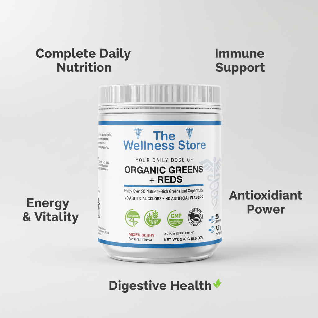 Organic Greens & Reds Superfood Powder for complete daily nutrition, immune support, energy, antioxidants, and digestive health benefits
