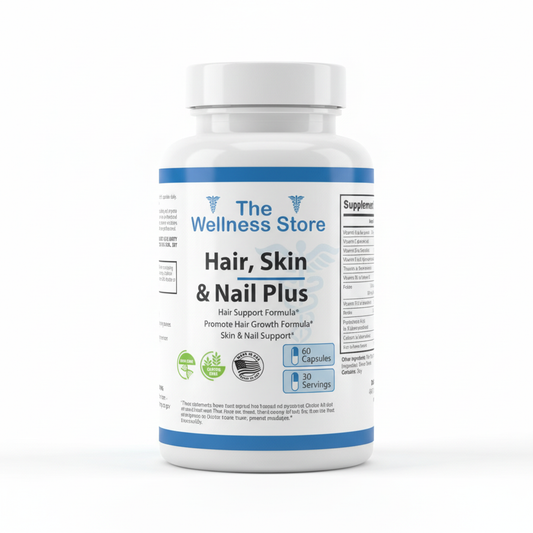 Hair, Skin & Nail Plus supplement bottle with white lid - 60 capsules with biotin, collagen and hyaluronic acid