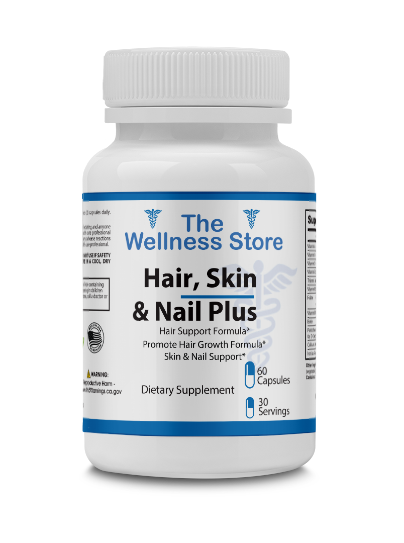 Supplement bottle labeled 'Hair, Skin & Nail Plus' from The Wellness Store on a white background