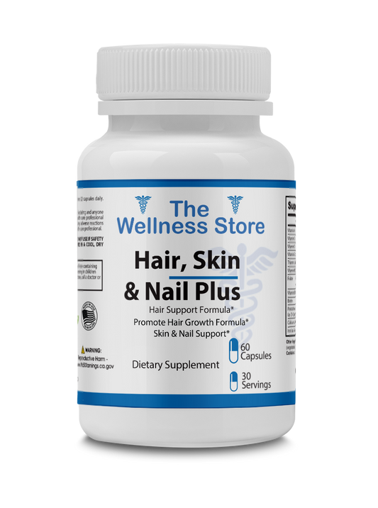 Supplement bottle labeled 'Hair, Skin & Nail Plus' from The Wellness Store on a white background
