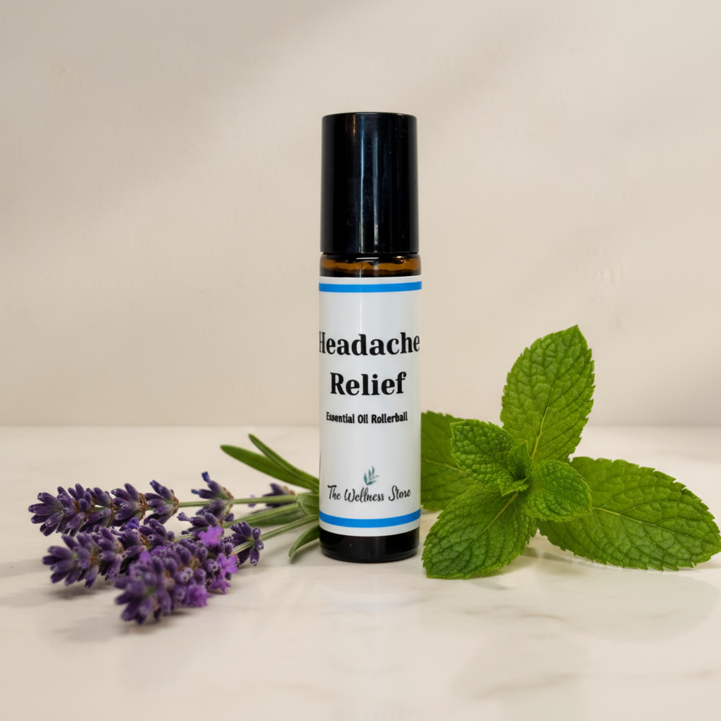 Rollerball labeled 'Headache Relief' with lavender and mint leaves on a light background