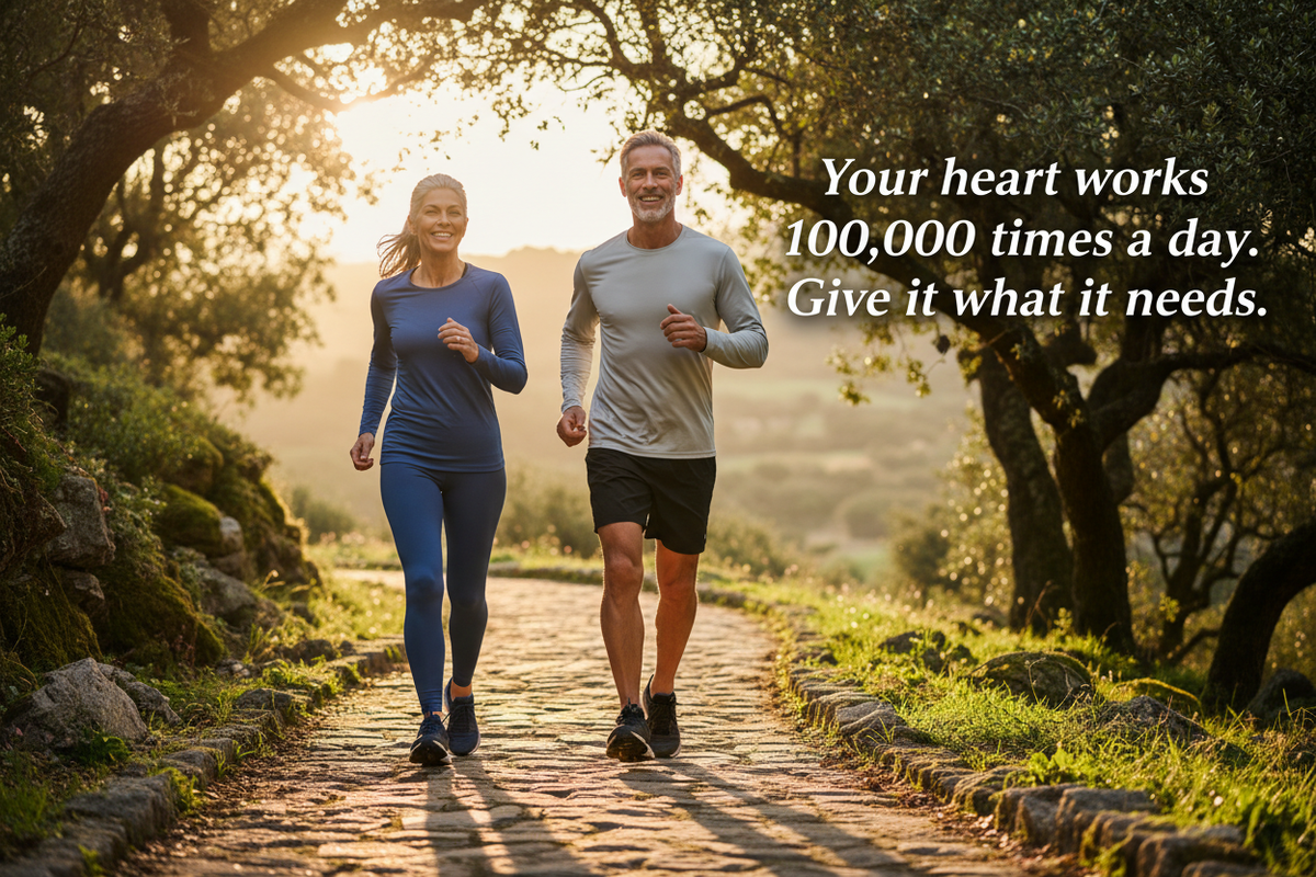 Active couple in their 50s outdoors with text "Your heart works 100,000 times a day. Give it what it needs." — Heart & Cardiovascular Health Bundle by The Wellness Store