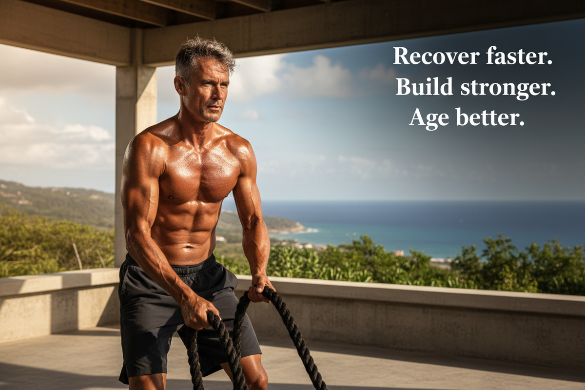 Athletic man in his 50s training with text "Recover faster. Build stronger. Age better." — HGH Support Advanced Complex by The Wellness Store